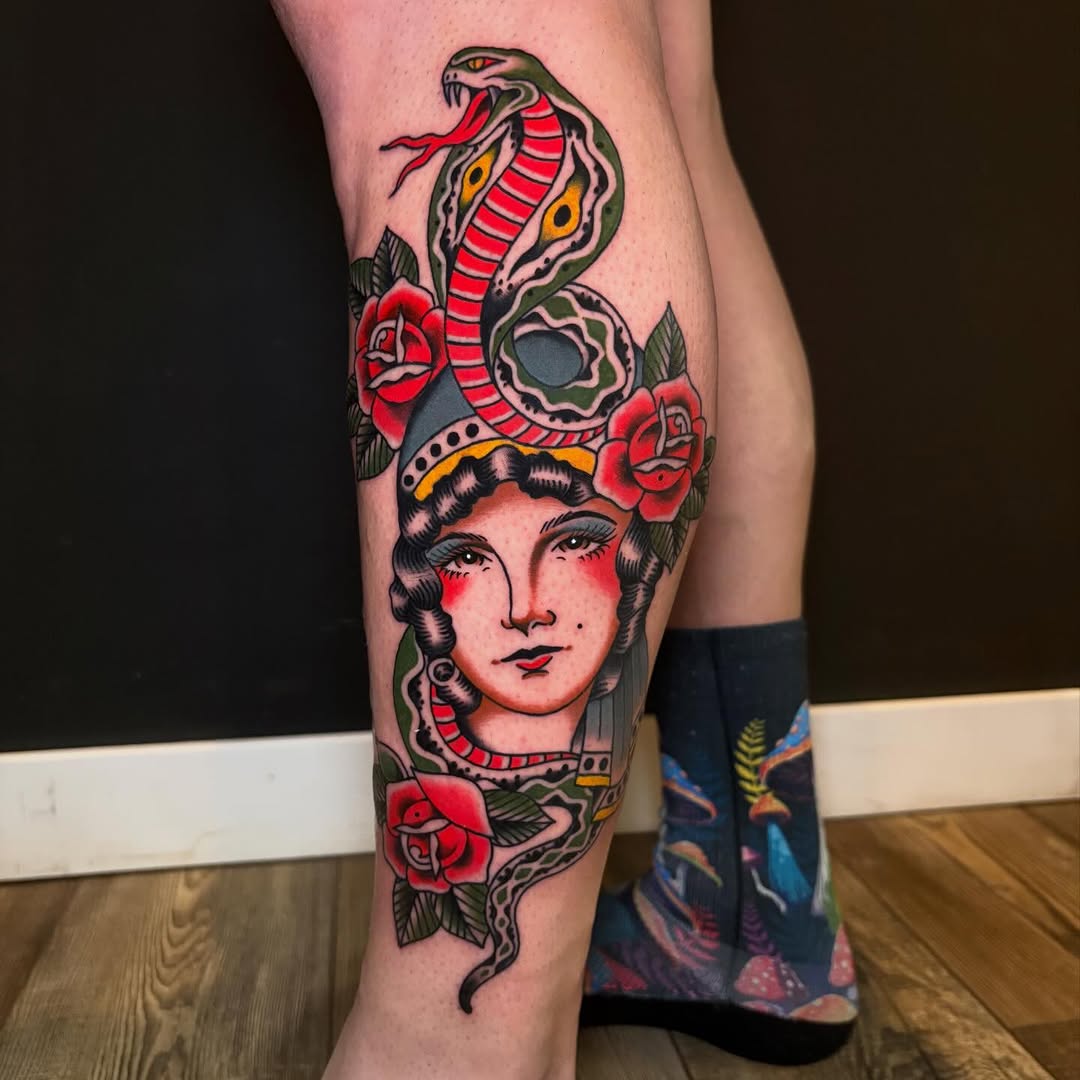 Lady head cobra roses traditional tattoo by Rikki Kander