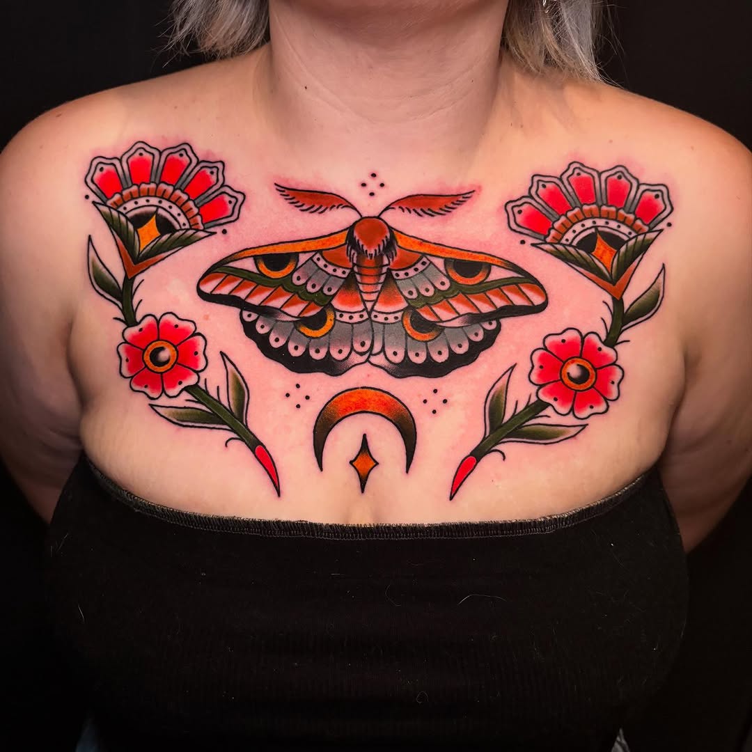 Chest moth butterfly traditional tattoo by Rikki Kander